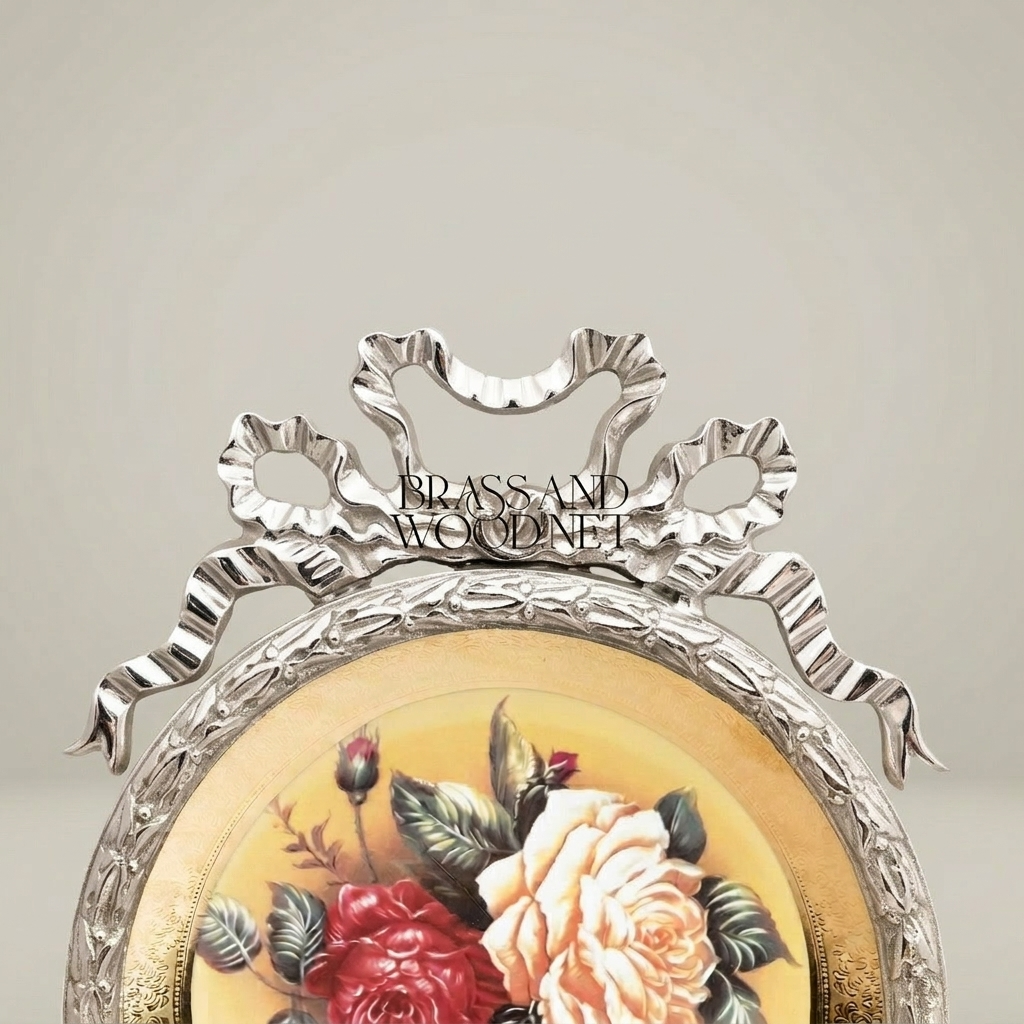 Rococo Brass Round Decorative Plate with Bow Crown & Hand-Painted Rose Bouquet — Silver