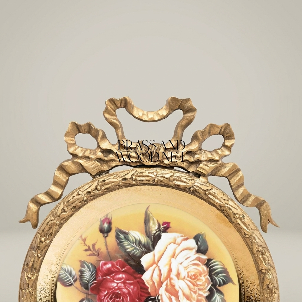 Rococo Brass Round Decorative Plate with Bow Crown & Hand-Painted Rose Bouquet — Antique Gold