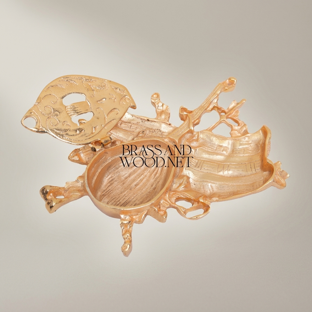 Rococo Brass Sculptural Ashtray - Musical Instruments & Boat Relief — Gold