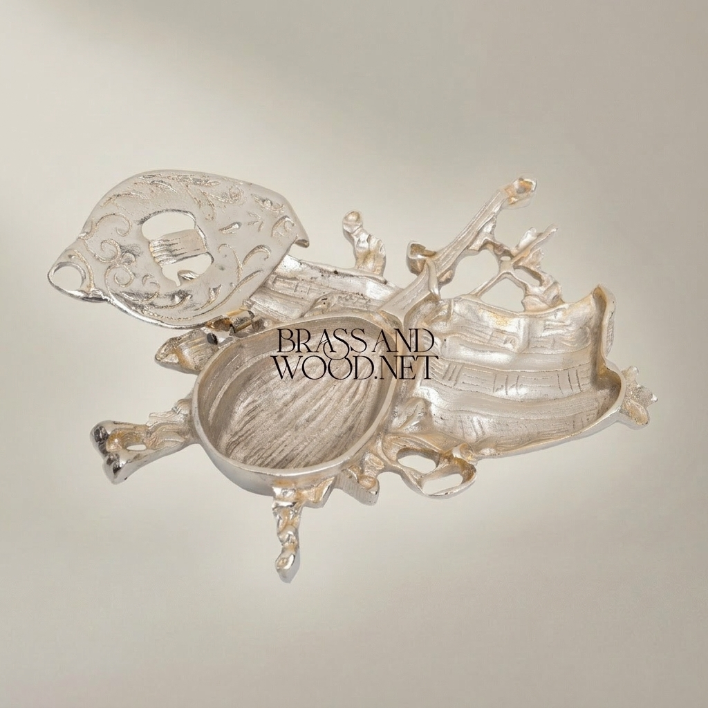 Rococo Brass Sculptural Ashtray - Musical Instruments & Boat Relief — Silver