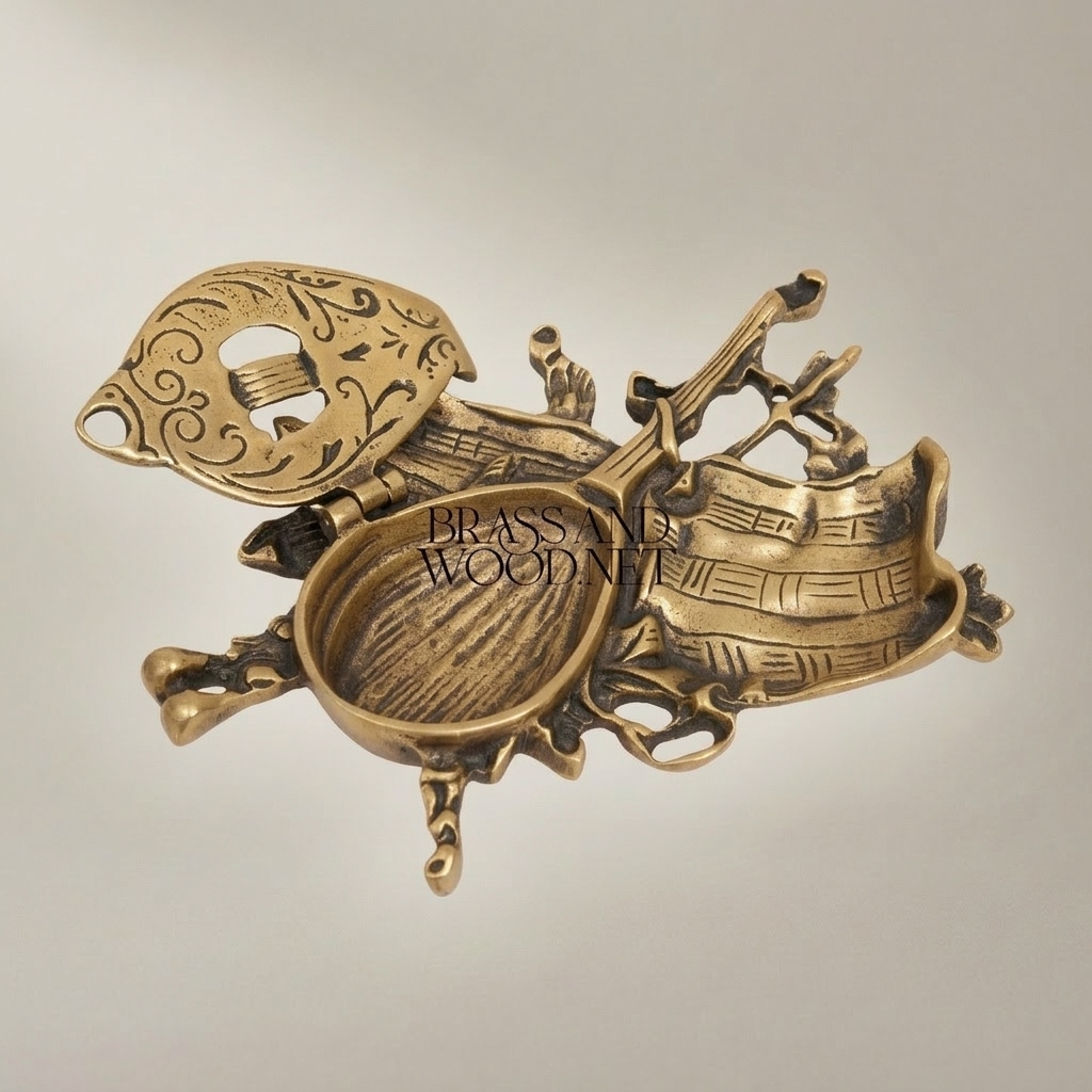 Rococo Brass Sculptural Ashtray - Musical Instruments & Boat Relief — Antique Gold