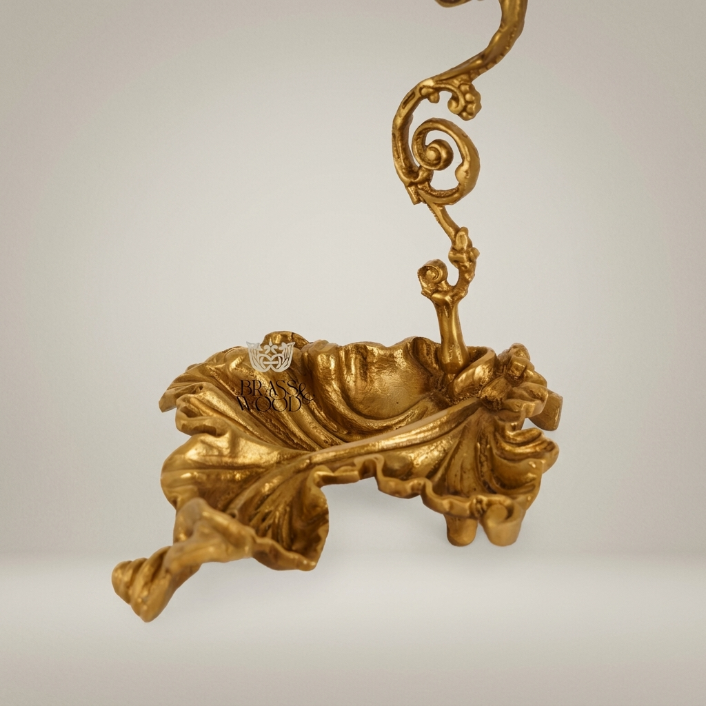 Rococo Brass Single-Arm Candlestick with Serpentine Scroll Stem & Shell Base
