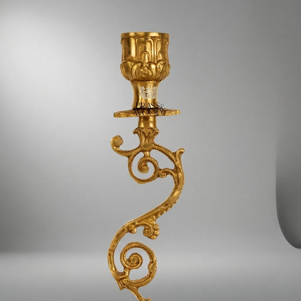 Rococo Brass Single-Arm Candlestick with Serpentine Scroll Stem & Shell Base