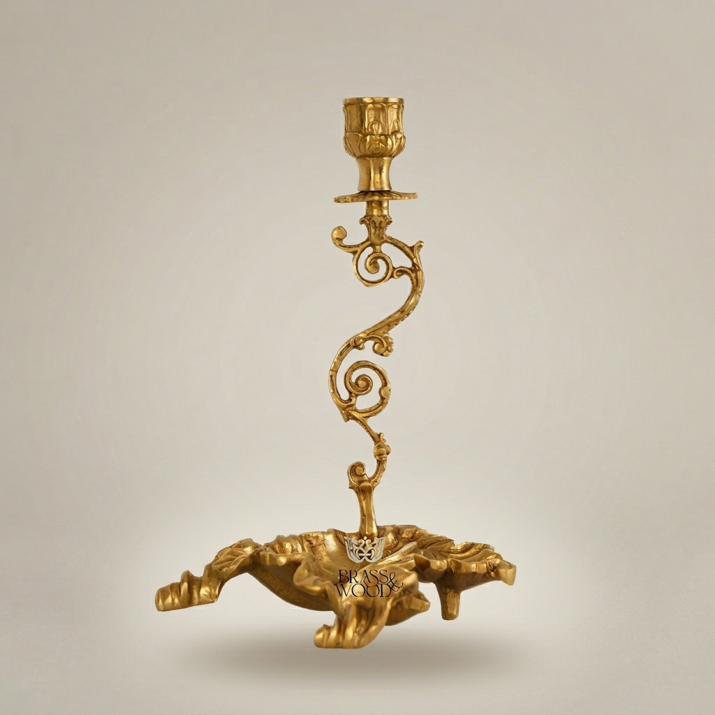 Rococo Brass Single-Arm Candlestick with Serpentine Scroll Stem & Shell Base — Gold