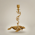 Rococo Brass Single-Arm Candlestick with Serpentine Scroll Stem & Shell Base — Gold