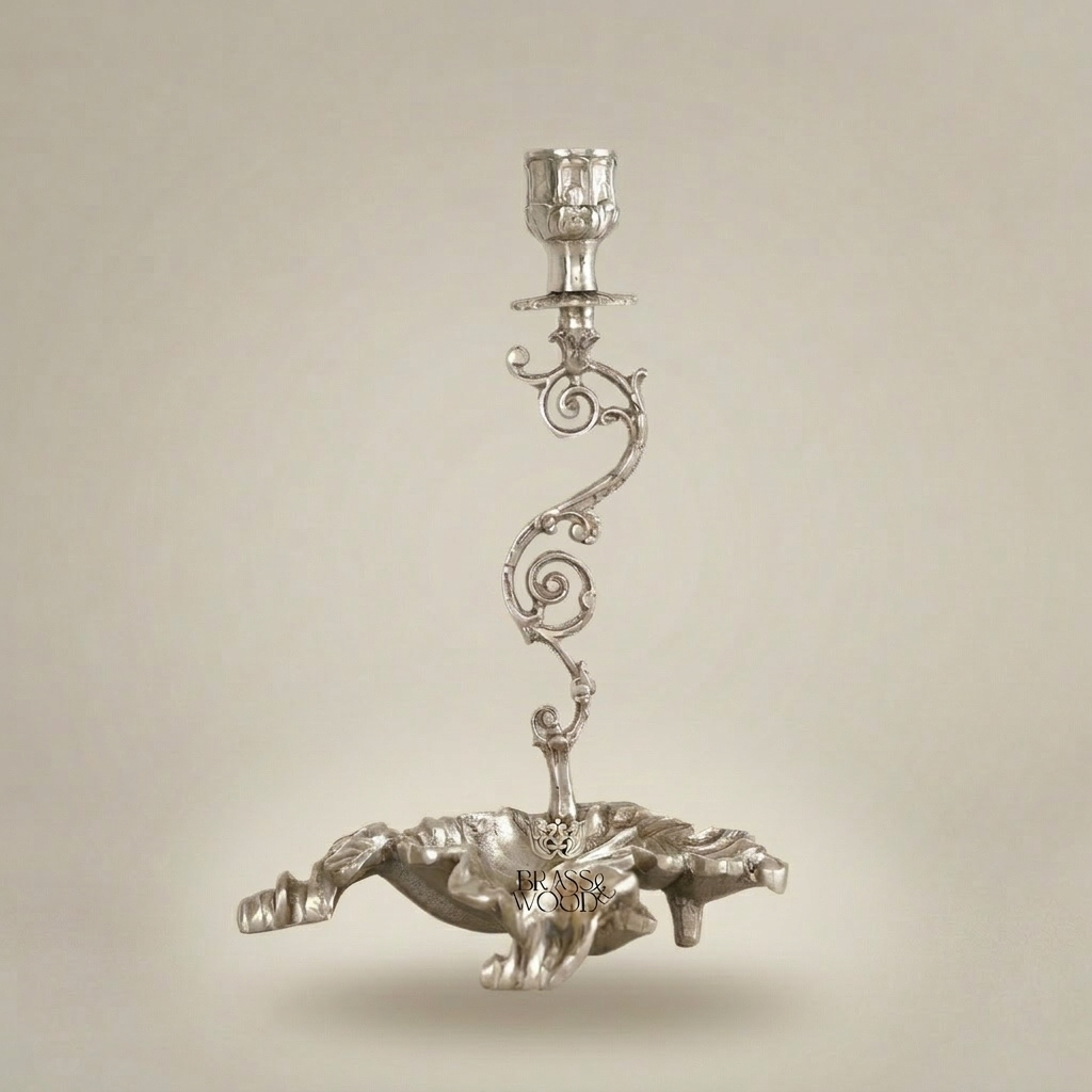 Rococo Brass Single-Arm Candlestick with Serpentine Scroll Stem & Shell Base — Silver