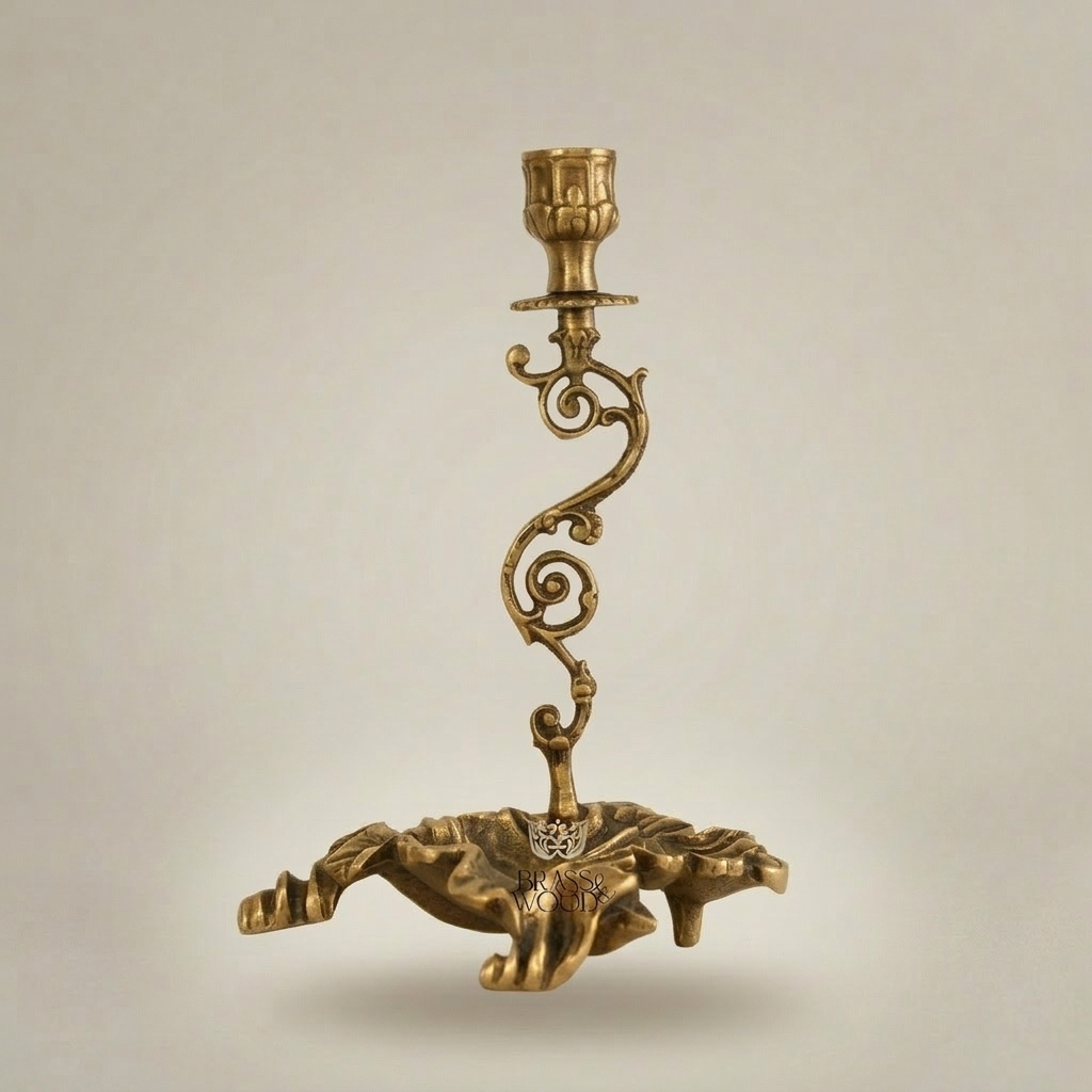 Rococo Brass Single-Arm Candlestick with Serpentine Scroll Stem & Shell Base — Antique Gold