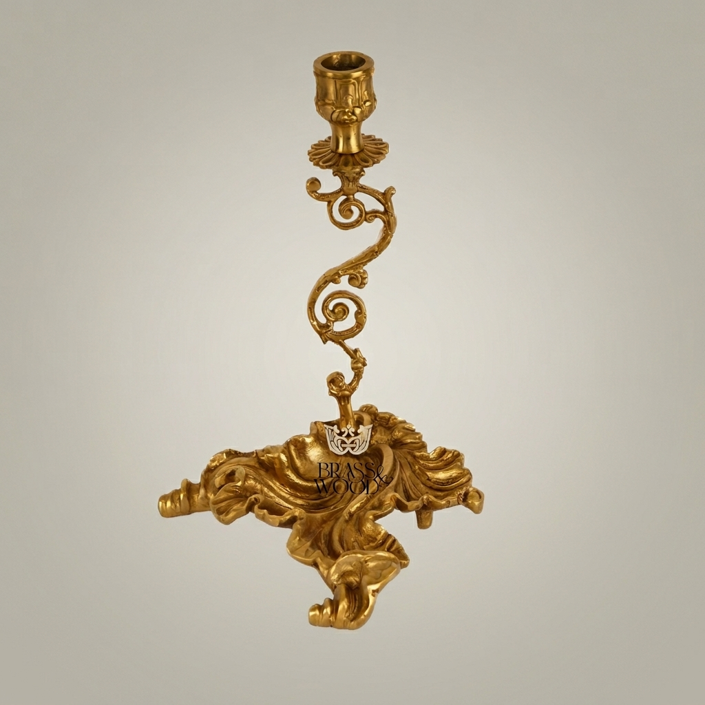 Rococo Brass Single-Arm Candlestick with Serpentine Scroll Stem & Shell Base — Gold