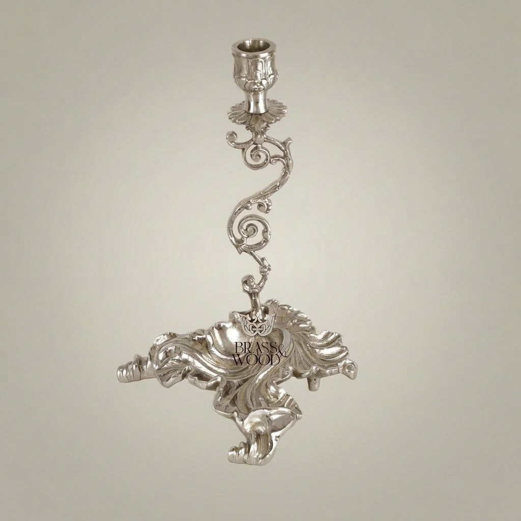 Rococo Brass Single-Arm Candlestick with Serpentine Scroll Stem & Shell Base — Silver