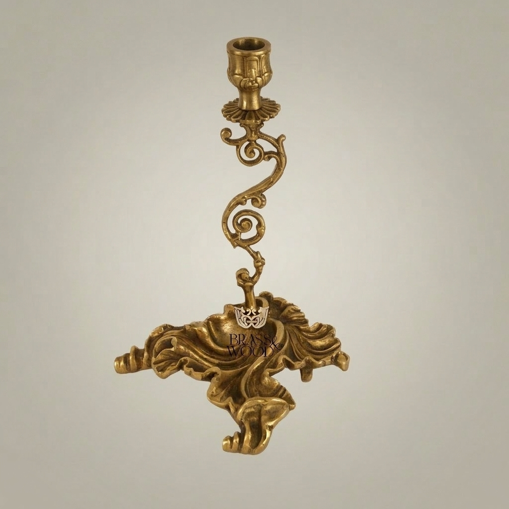 Rococo Brass Single-Arm Candlestick with Serpentine Scroll Stem & Shell Base — Antique Gold