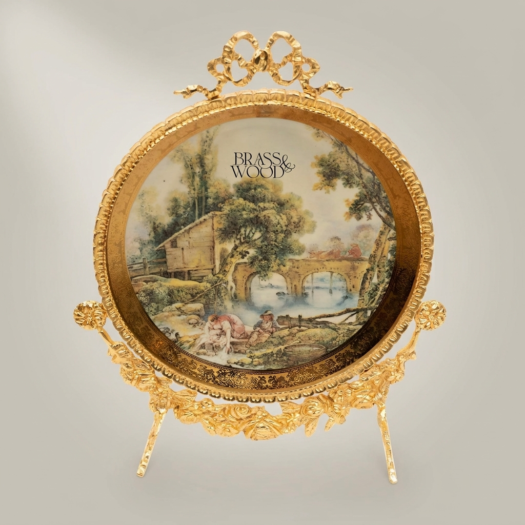 Rococo Brass Standing Decorative Plate Set — Pastoral Scene Round Frame