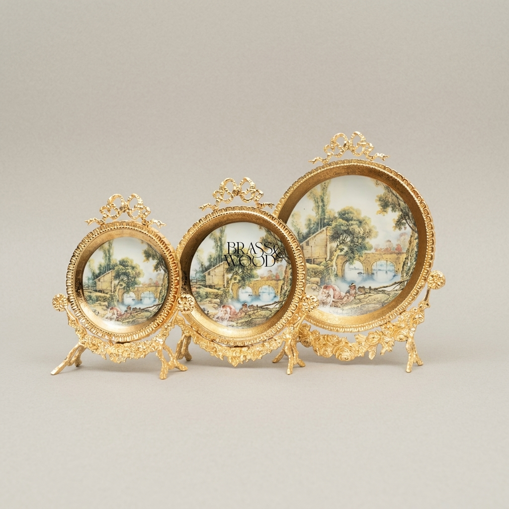 Rococo Brass Standing Decorative Plate Set — Pastoral Scene Round Frame — Gold
