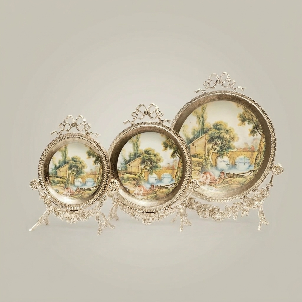 Rococo Brass Standing Decorative Plate Set — Pastoral Scene Round Frame — Silver