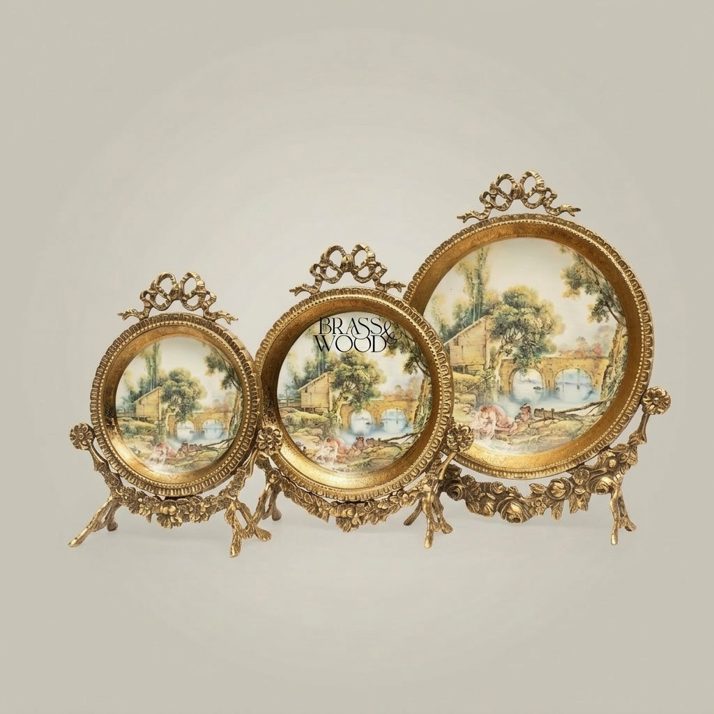 Rococo Brass Standing Decorative Plate Set — Pastoral Scene Round Frame — Antique Gold