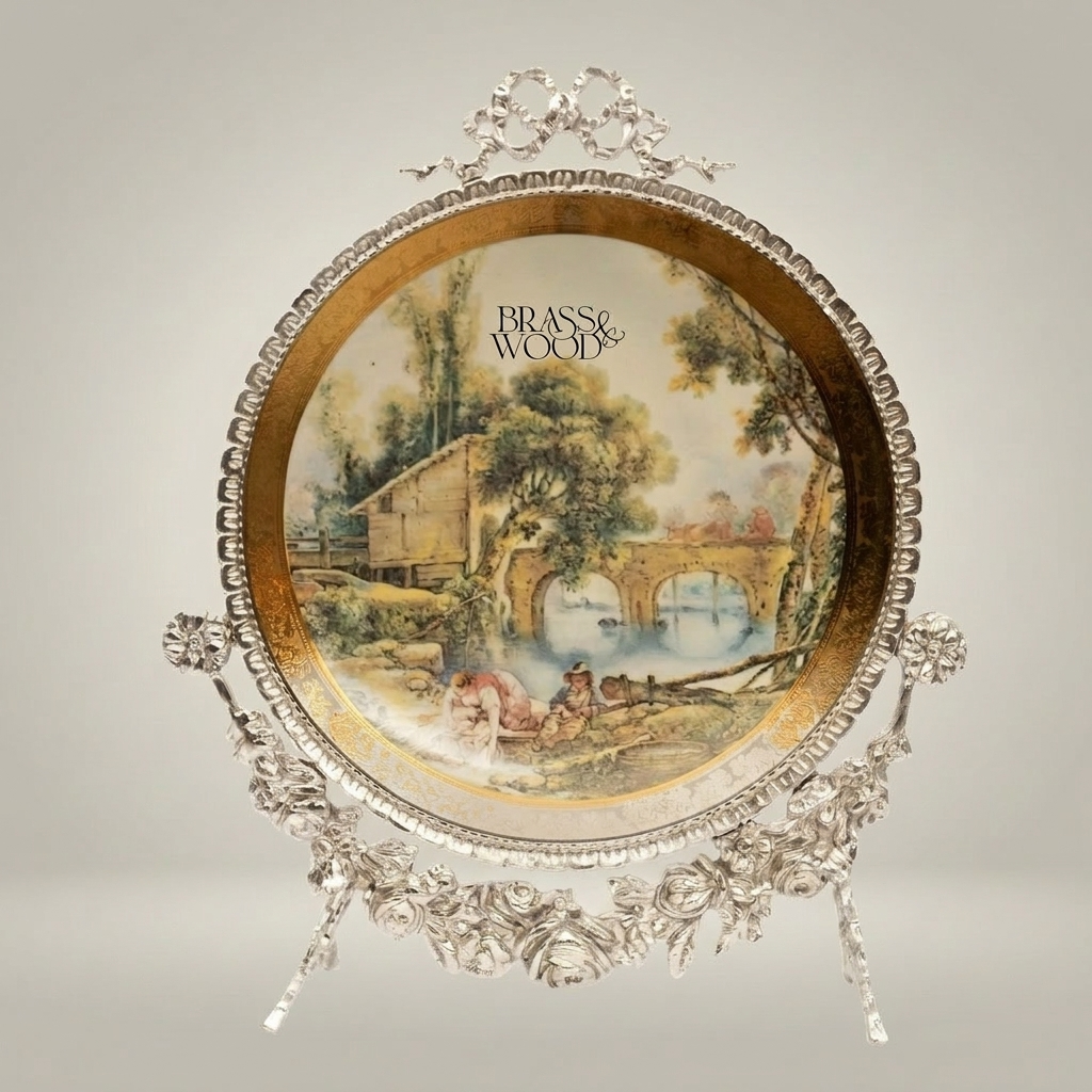 Rococo Brass Standing Decorative Plate Set — Pastoral Scene Round Frame — Silver