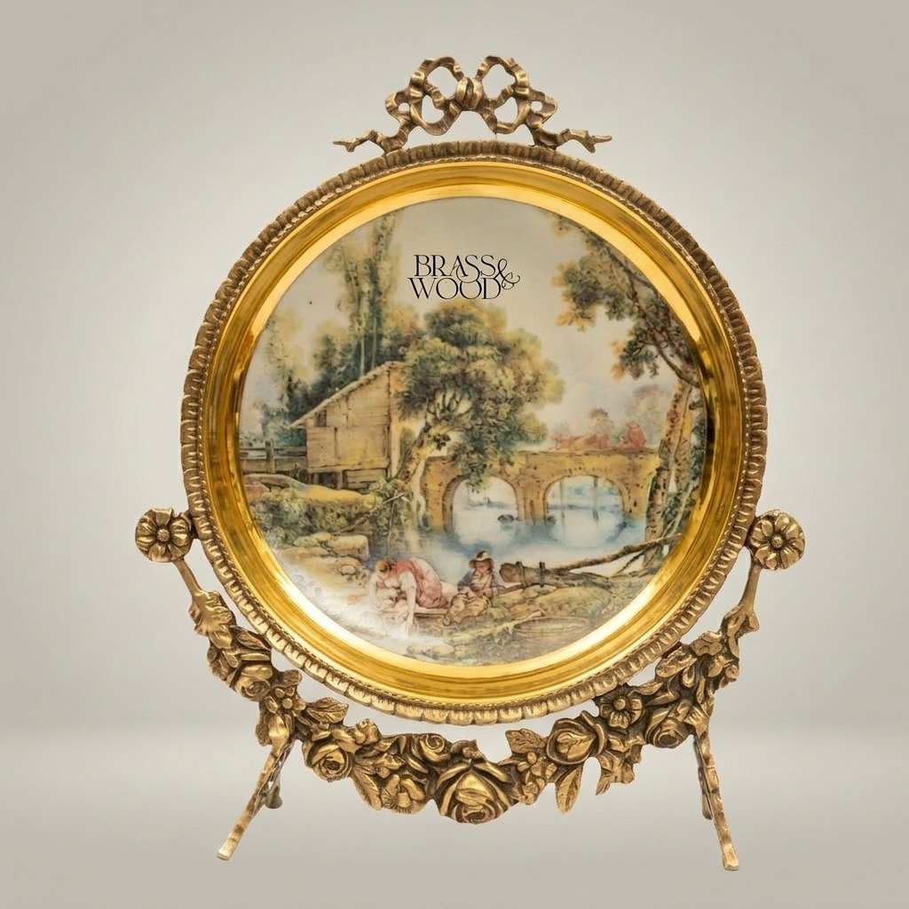Rococo Brass Standing Decorative Plate Set — Pastoral Scene Round Frame — Antique Gold