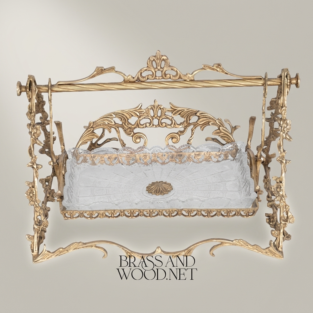 Rococo Brass Swing-Frame Decorative Stand with Crystal Tray - Openwork Acanthus & Floral Arch — Antique Gold