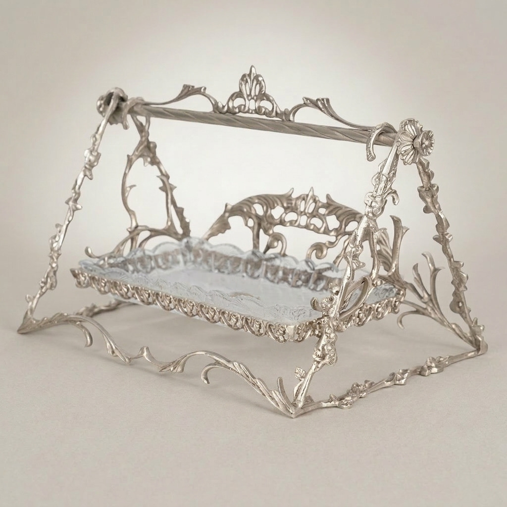 Rococo Brass Swing-Frame Decorative Stand with Crystal Tray - Openwork Acanthus & Floral Arch — Silver