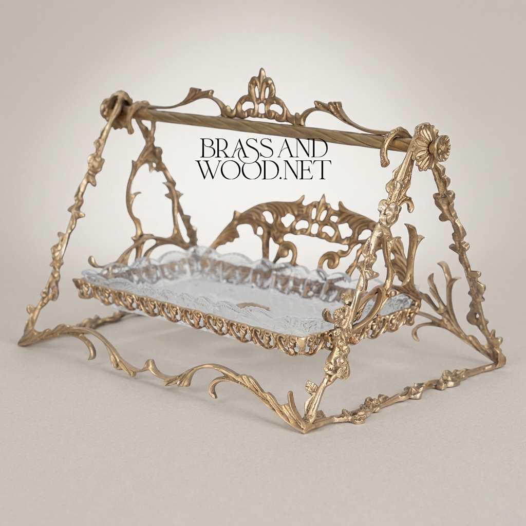 Rococo Brass Swing-Frame Decorative Stand with Crystal Tray - Openwork Acanthus & Floral Arch — Antique Gold