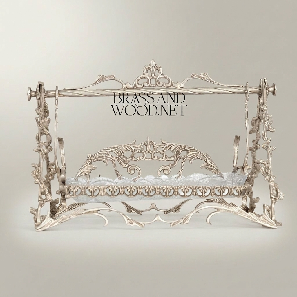 Rococo Brass Swing-Frame Decorative Stand with Crystal Tray - Openwork Acanthus & Floral Arch — Silver
