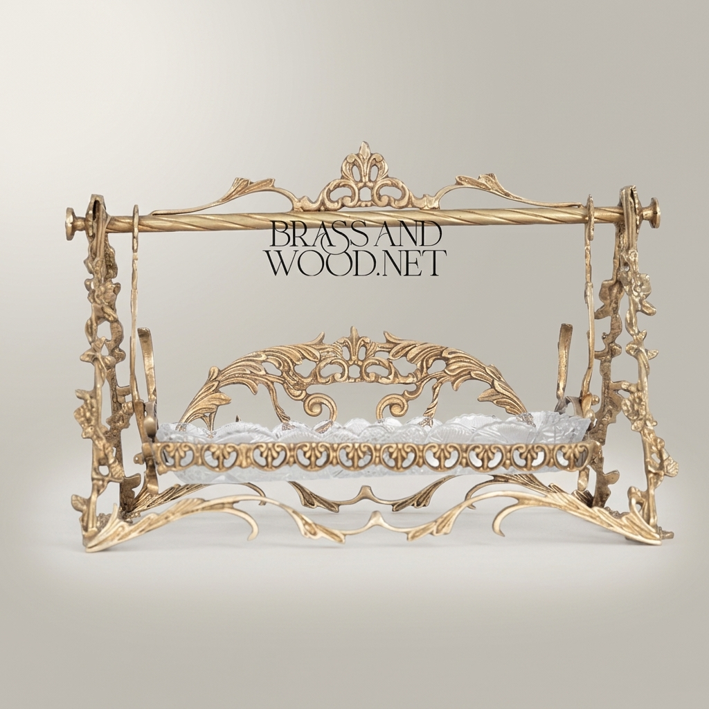 Rococo Brass Swing-Frame Decorative Stand with Crystal Tray - Openwork Acanthus & Floral Arch — Antique Gold