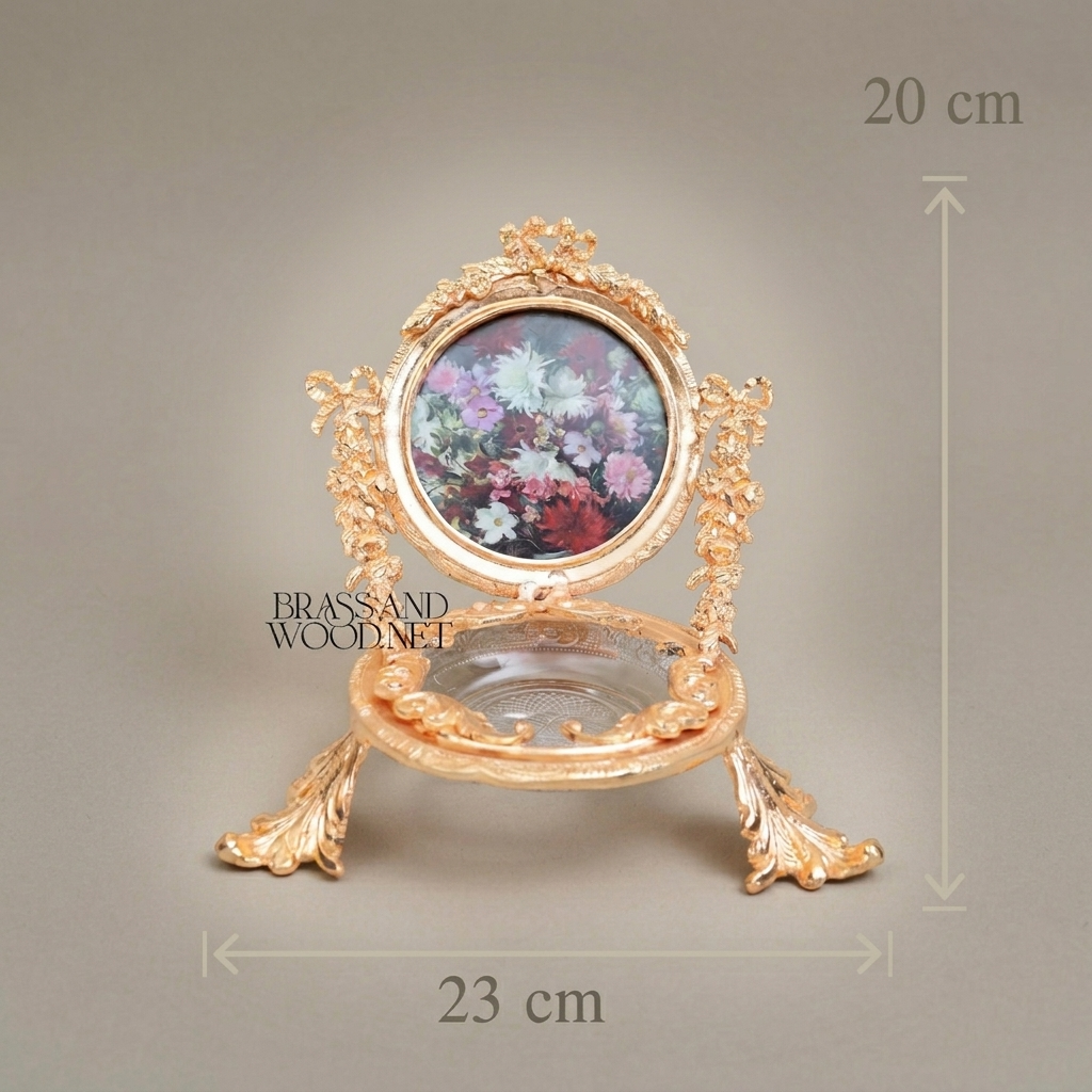 Rococo Brass Swivel Photo Frame Stand with Floral Acanthus Ornaments and Crystal Glass Tray