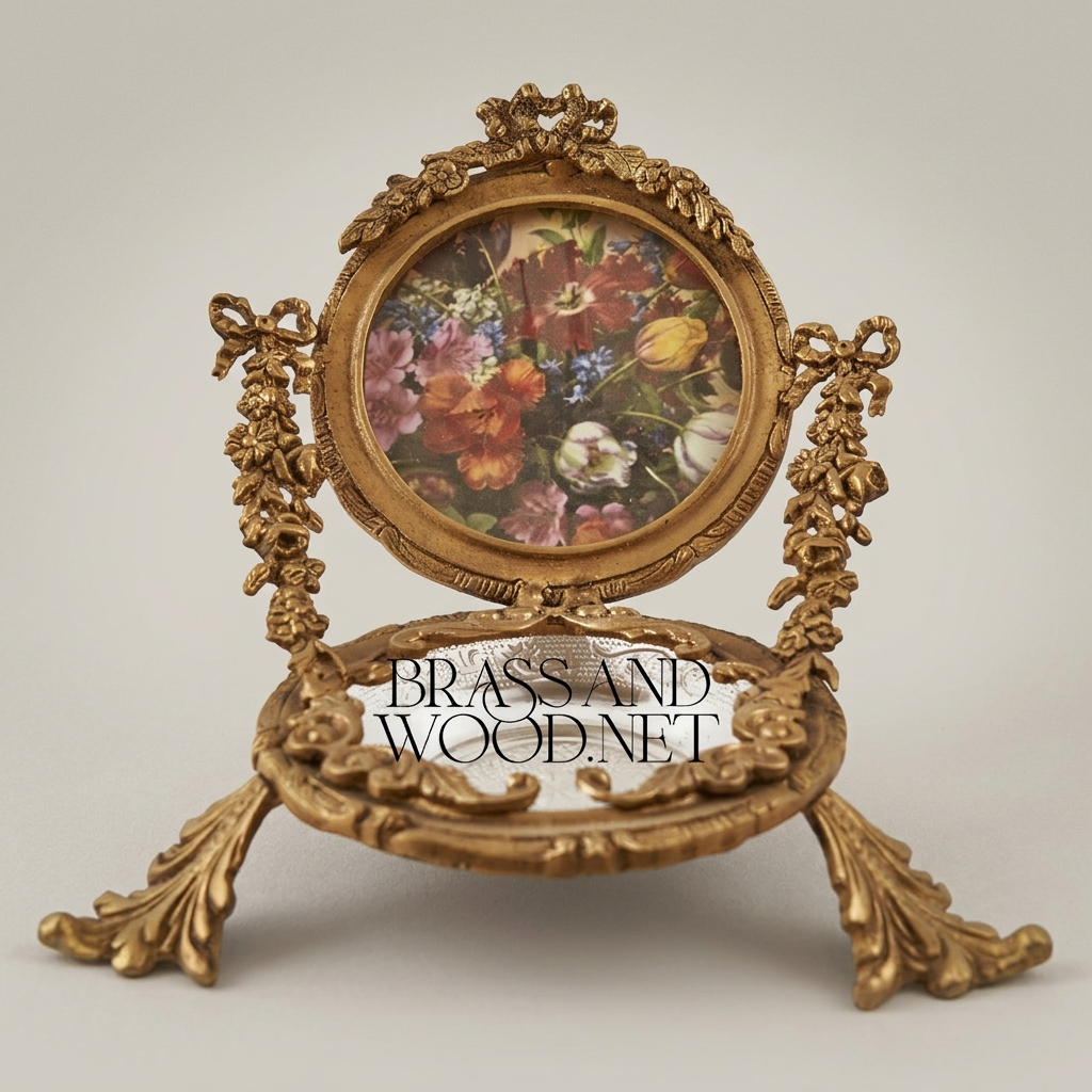 Rococo Brass Swivel Photo Frame Stand with Floral Acanthus Ornaments and Crystal Glass Tray — Antique Gold