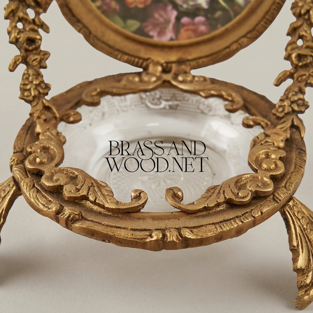 Rococo Brass Swivel Photo Frame Stand with Floral Acanthus Ornaments and Crystal Glass Tray — Antique Gold