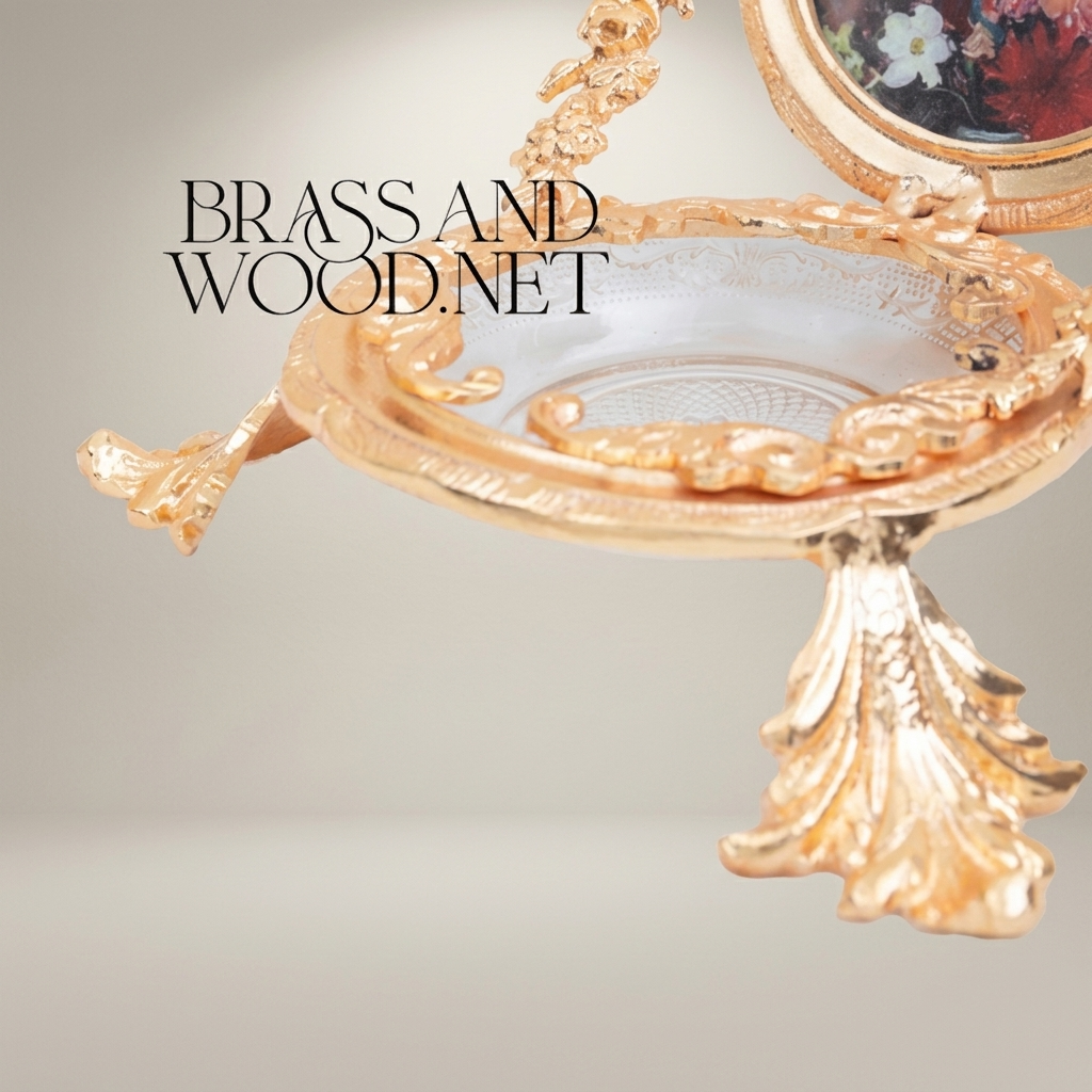 Rococo Brass Swivel Photo Frame Stand with Floral Acanthus Ornaments and Crystal Glass Tray — Gold