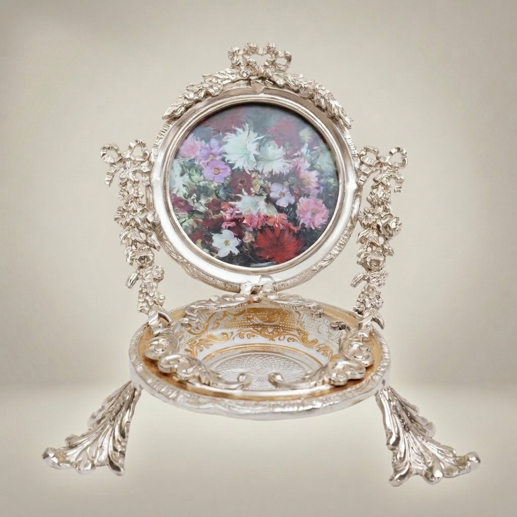 Rococo Brass Swivel Photo Frame Stand with Floral Acanthus Ornaments and Crystal Glass Tray — Silver