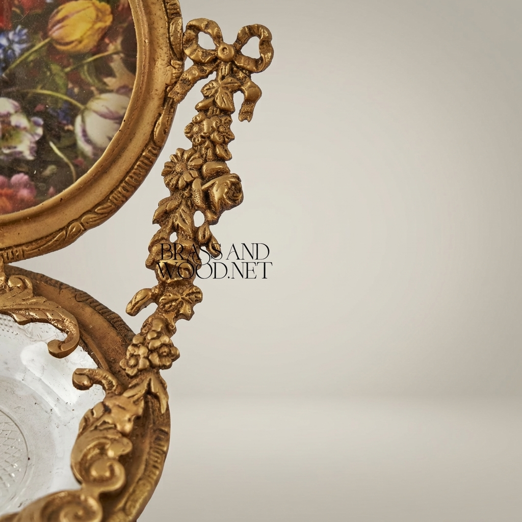 Rococo Brass Swivel Photo Frame Stand with Floral Acanthus Ornaments and Crystal Glass Tray — Antique Gold