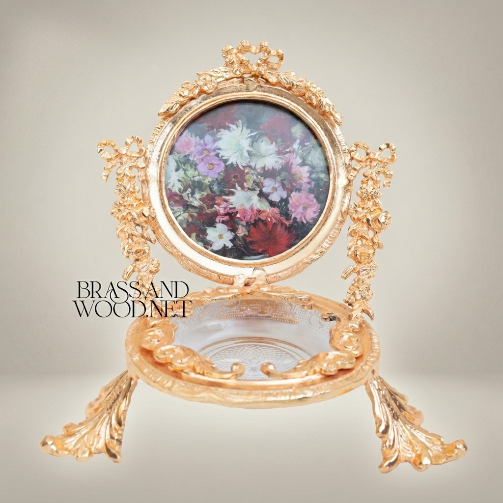 Rococo Brass Swivel Photo Frame Stand with Floral Acanthus Ornaments and Crystal Glass Tray — Gold