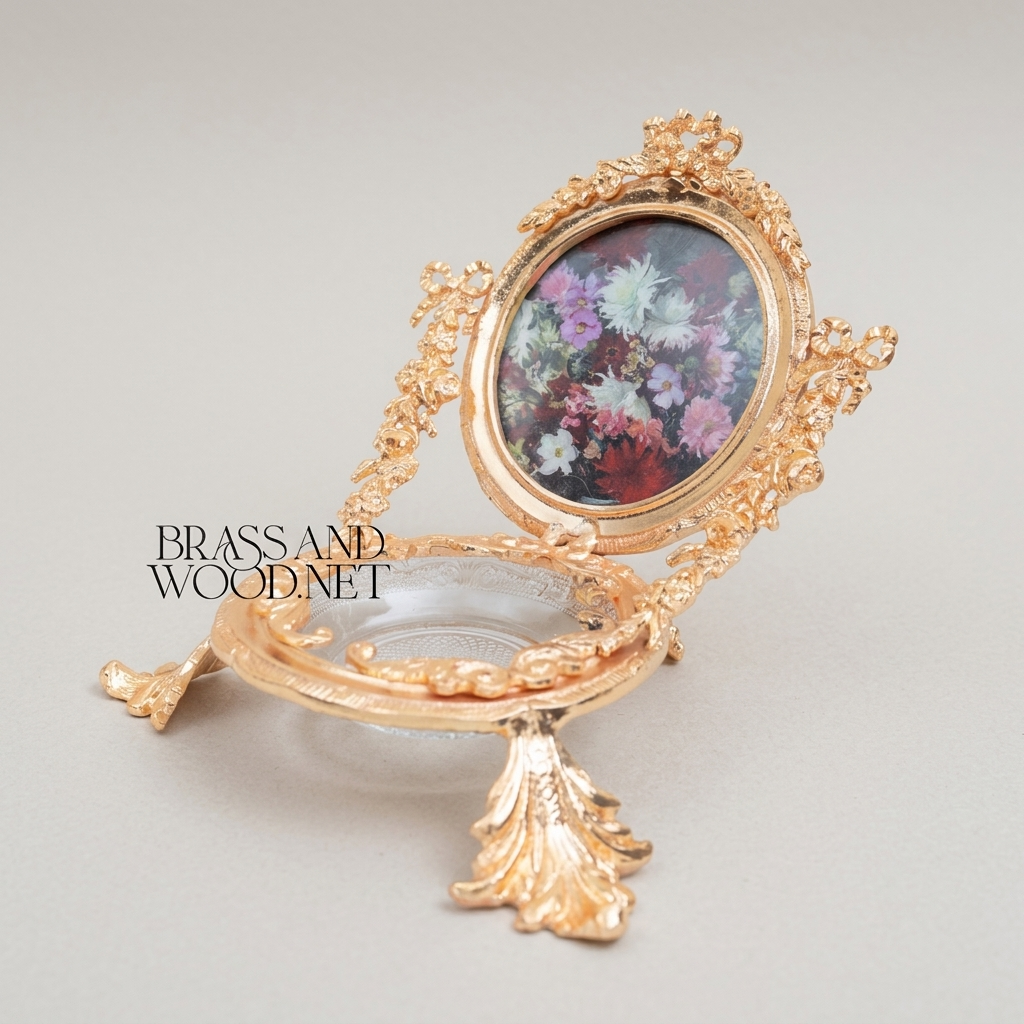 Rococo Brass Swivel Photo Frame Stand with Floral Acanthus Ornaments and Crystal Glass Tray