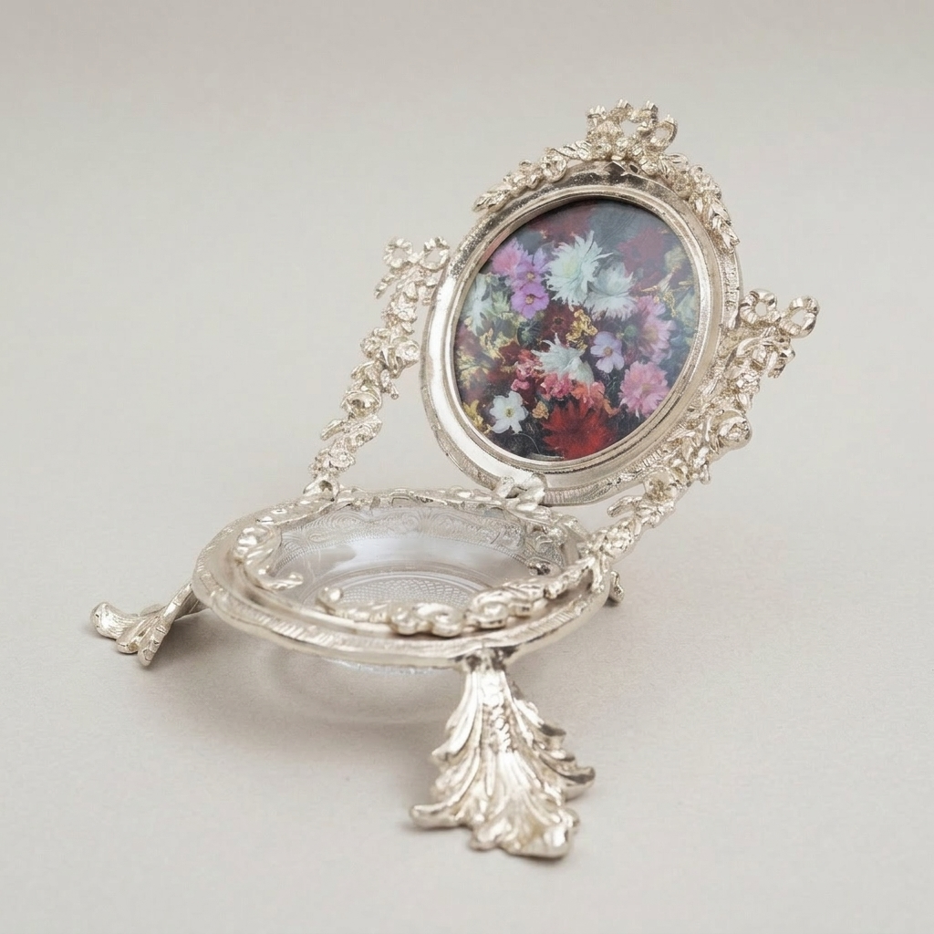 Rococo Brass Swivel Photo Frame Stand with Floral Acanthus Ornaments and Crystal Glass Tray — Silver