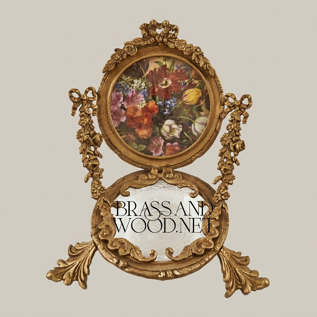 Rococo Brass Swivel Photo Frame Stand with Floral Acanthus Ornaments and Crystal Glass Tray — Antique Gold