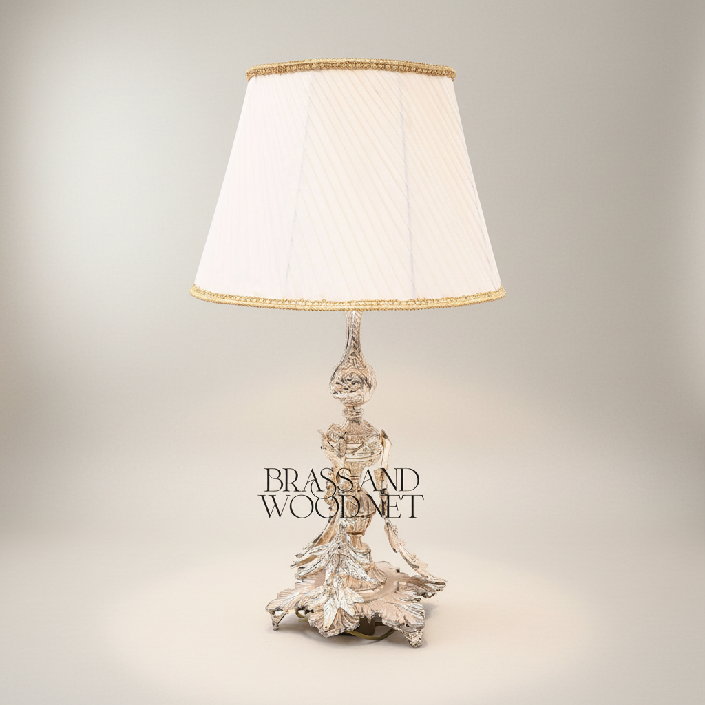 Rococo Brass Table Lamp - Acanthus Leaf Sculptural Base — Silver