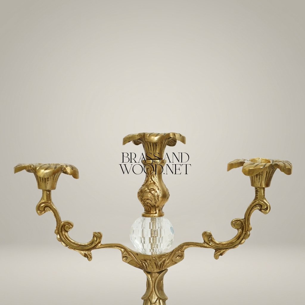 Rococo Brass Three-Arm Candelabra with Crystal Orb & Acanthus Scrollwork — Antique Gold