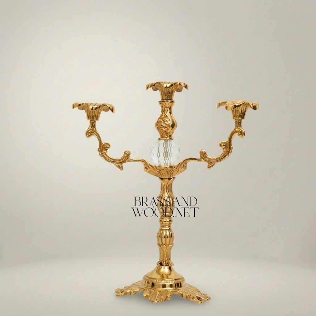 Rococo Brass Three-Arm Candelabra with Crystal Orb & Acanthus Scrollwork — Gold