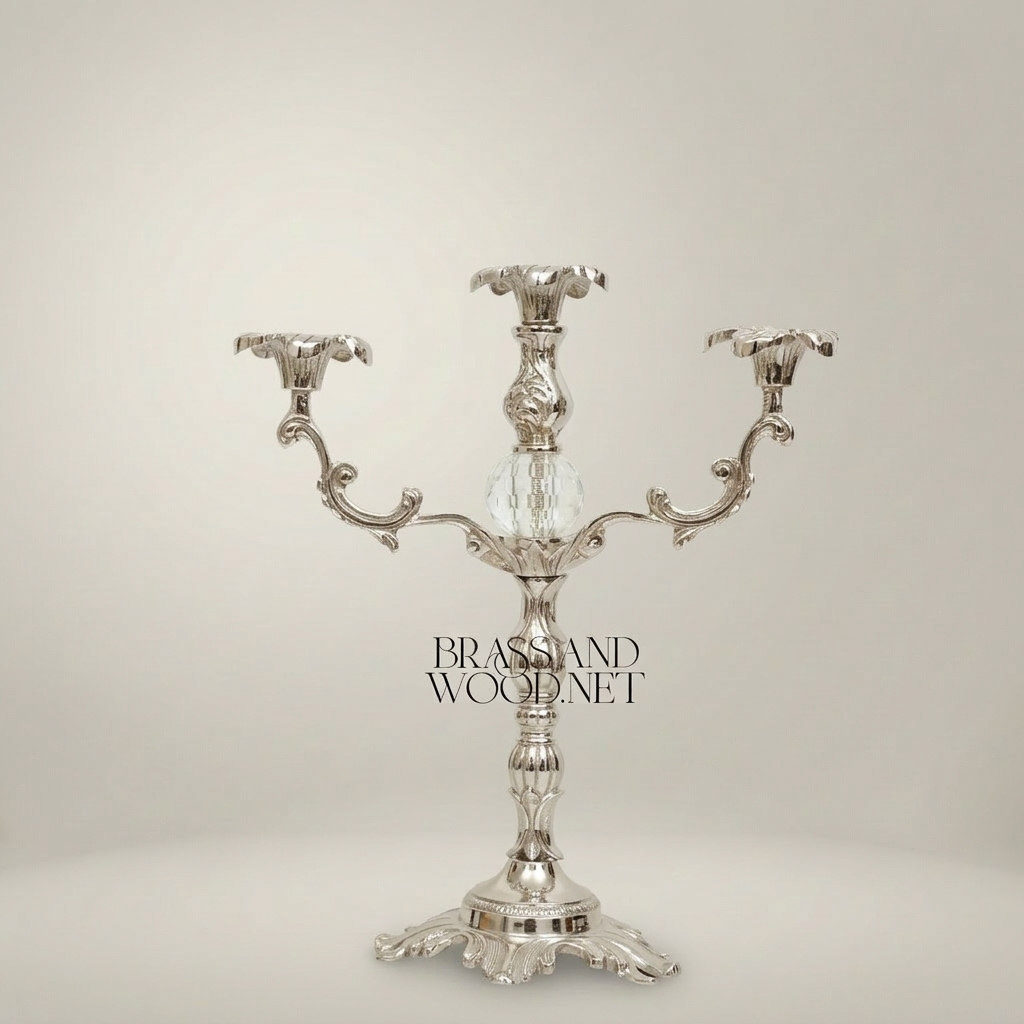 Rococo Brass Three-Arm Candelabra with Crystal Orb & Acanthus Scrollwork — Silver