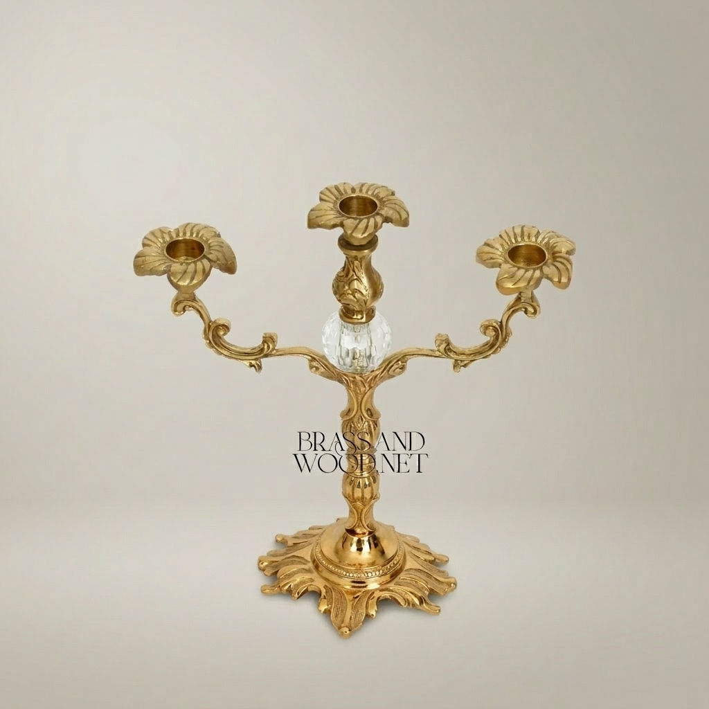Rococo Brass Three-Arm Candelabra with Crystal Orb & Acanthus Scrollwork — Gold