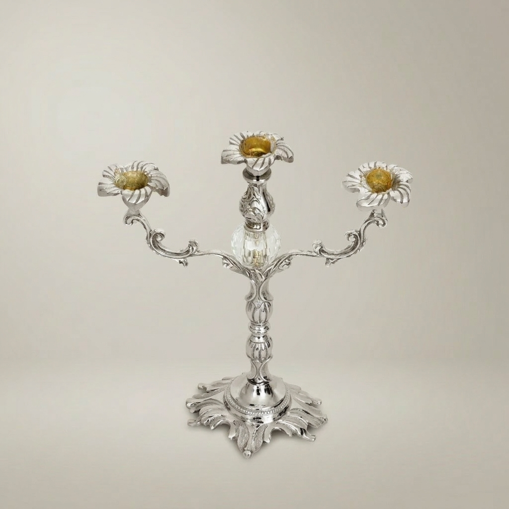 Rococo Brass Three-Arm Candelabra with Crystal Orb & Acanthus Scrollwork — Silver