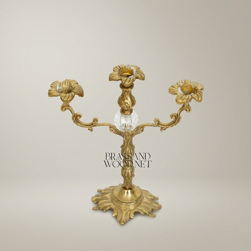 Rococo Brass Three-Arm Candelabra with Crystal Orb & Acanthus Scrollwork — Antique Gold