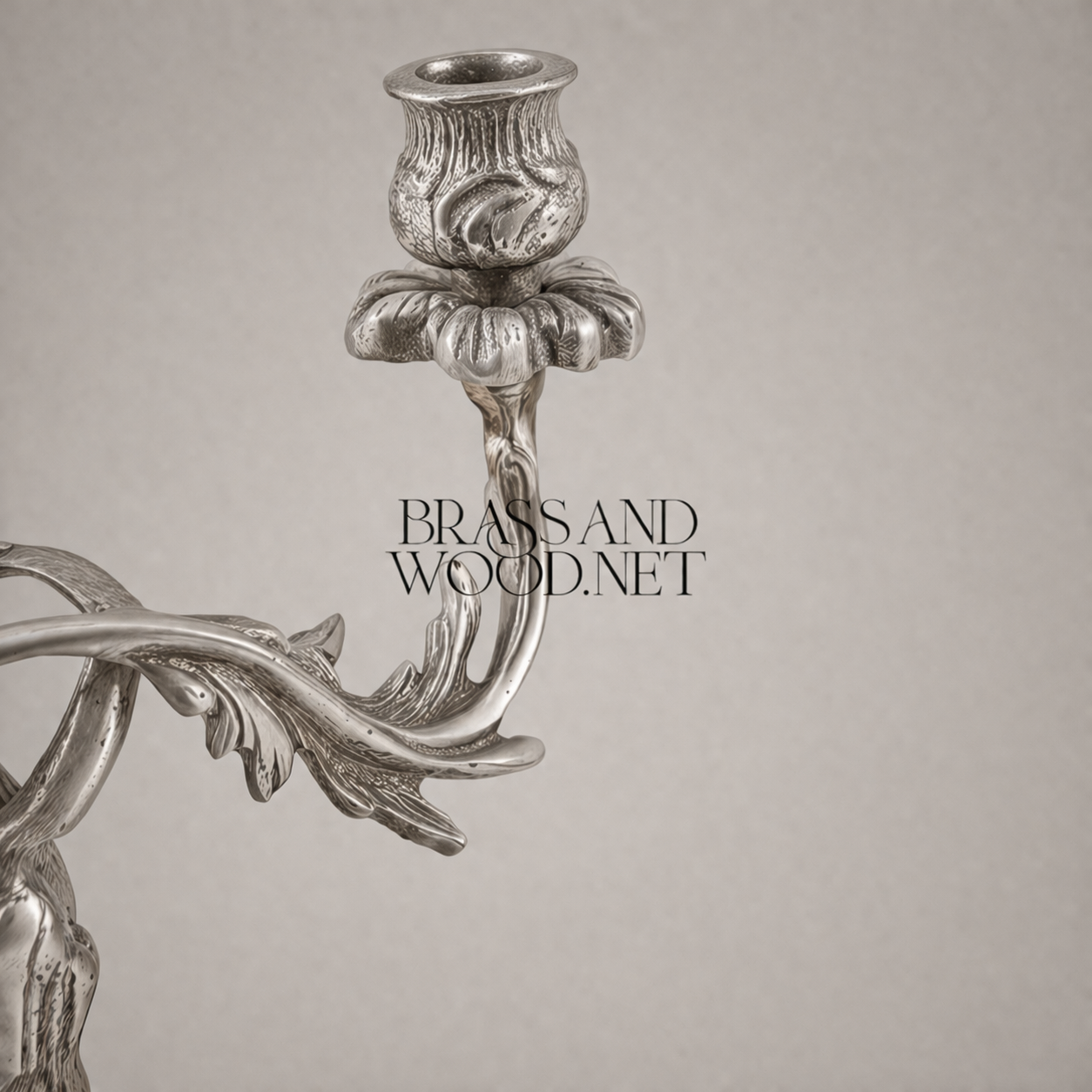 Rococo Brass Three-Arm Candelabra with Floral Scroll Base — Silver