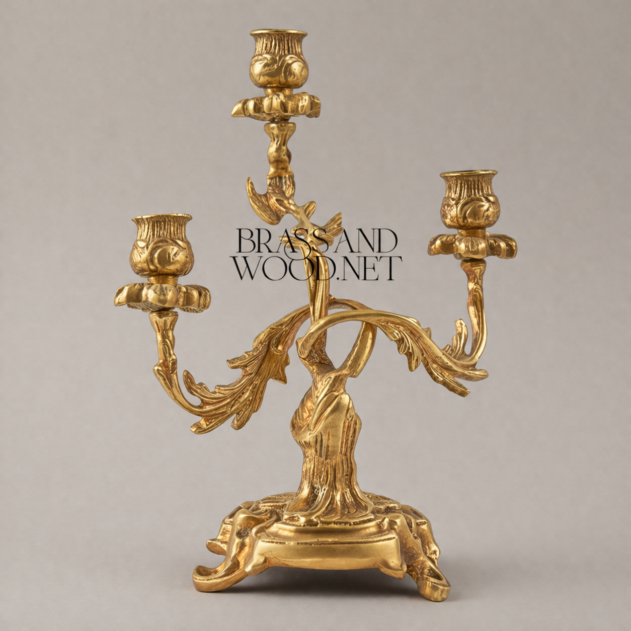 Rococo Brass Three-Arm Candelabra with Floral Scroll Base — Antique Gold
