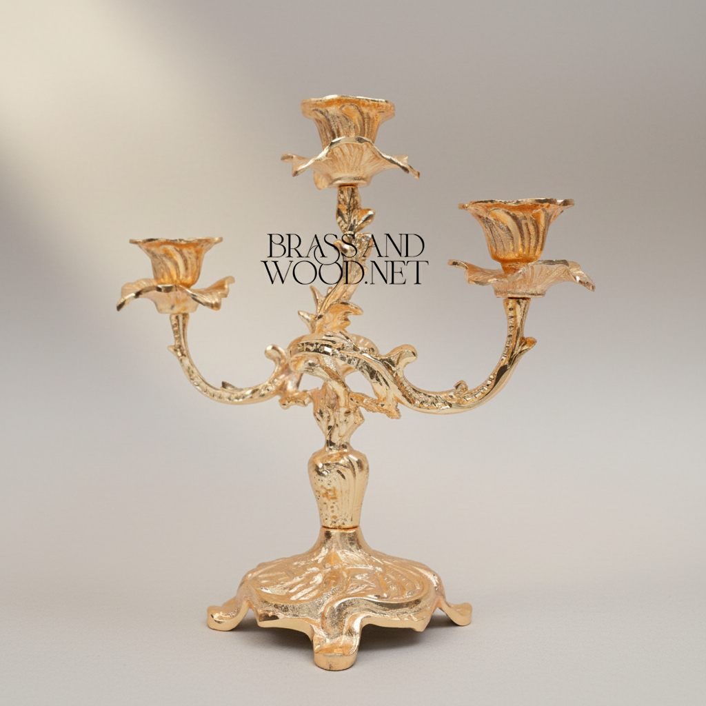 Rococo Brass Three-Arm Candelabra with Floral Scroll Base — Gold
