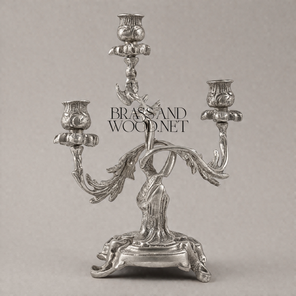 Rococo Brass Three-Arm Candelabra with Floral Scroll Base — Silver