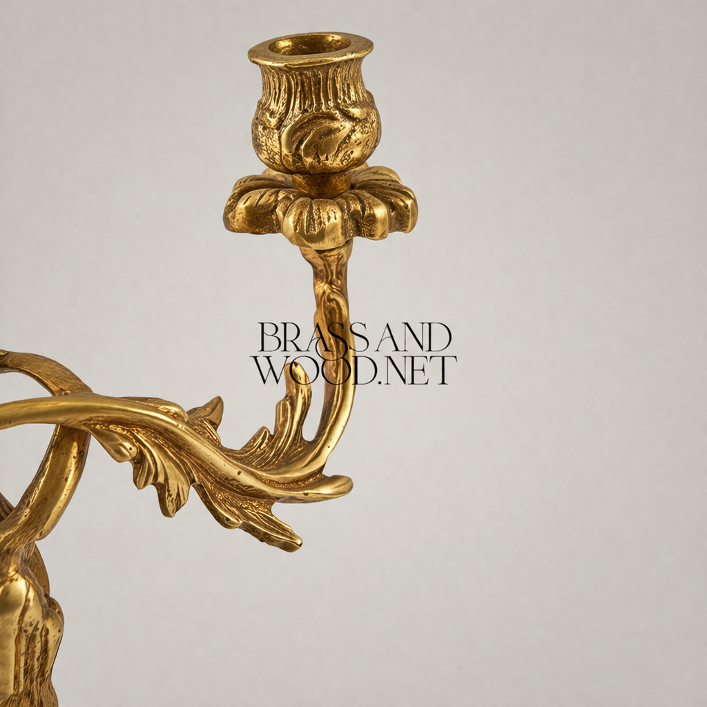 Rococo Brass Three-Arm Candelabra with Floral Scroll Base — Antique Gold