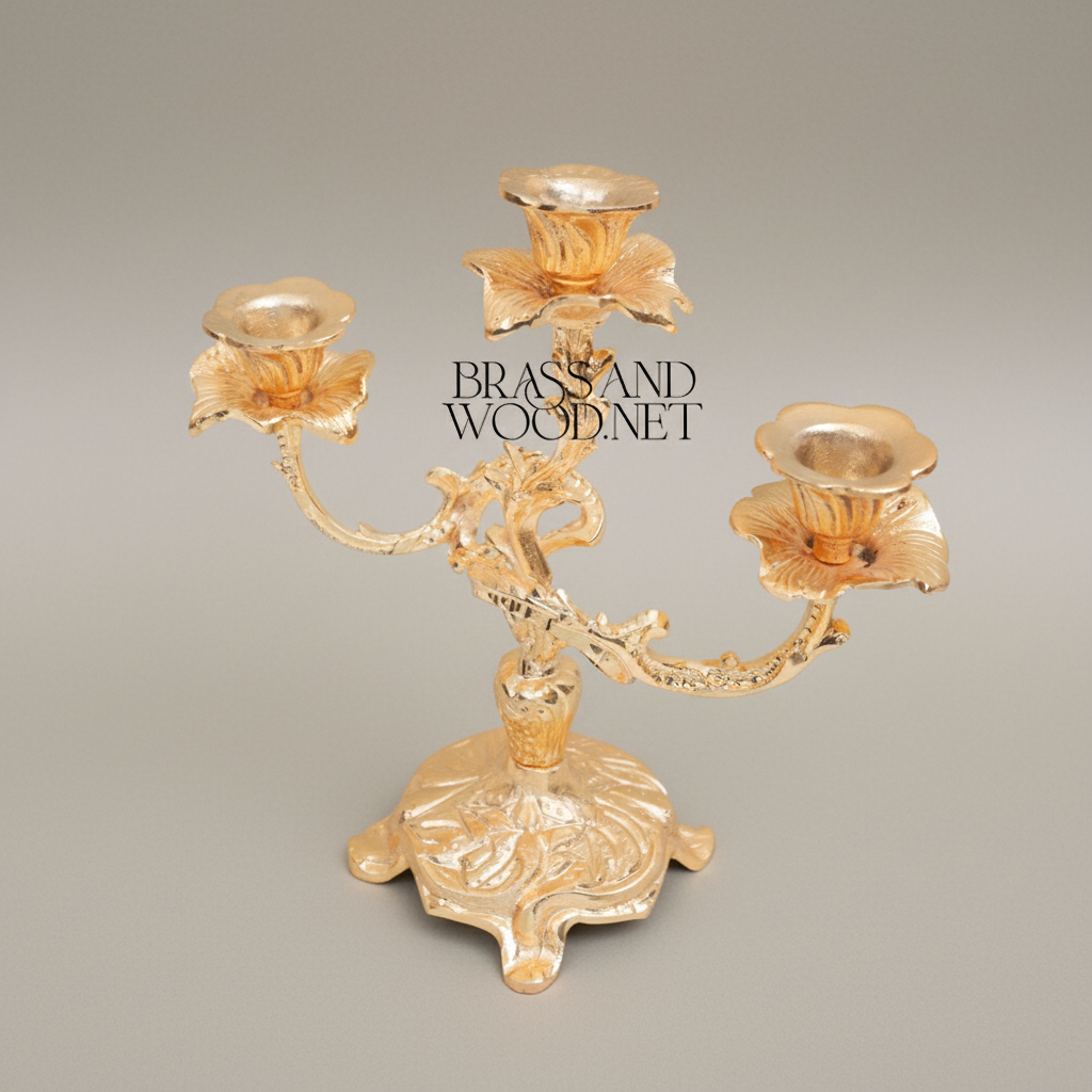 Rococo Brass Three-Arm Candelabra with Floral Scroll Base — Gold