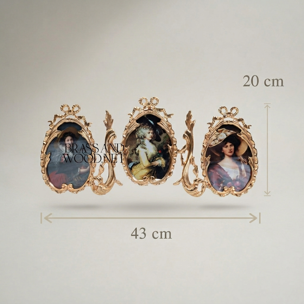 Rococo Brass Triple Oval Photo Frame Set - Ribbon & Acanthus Scroll — Gold