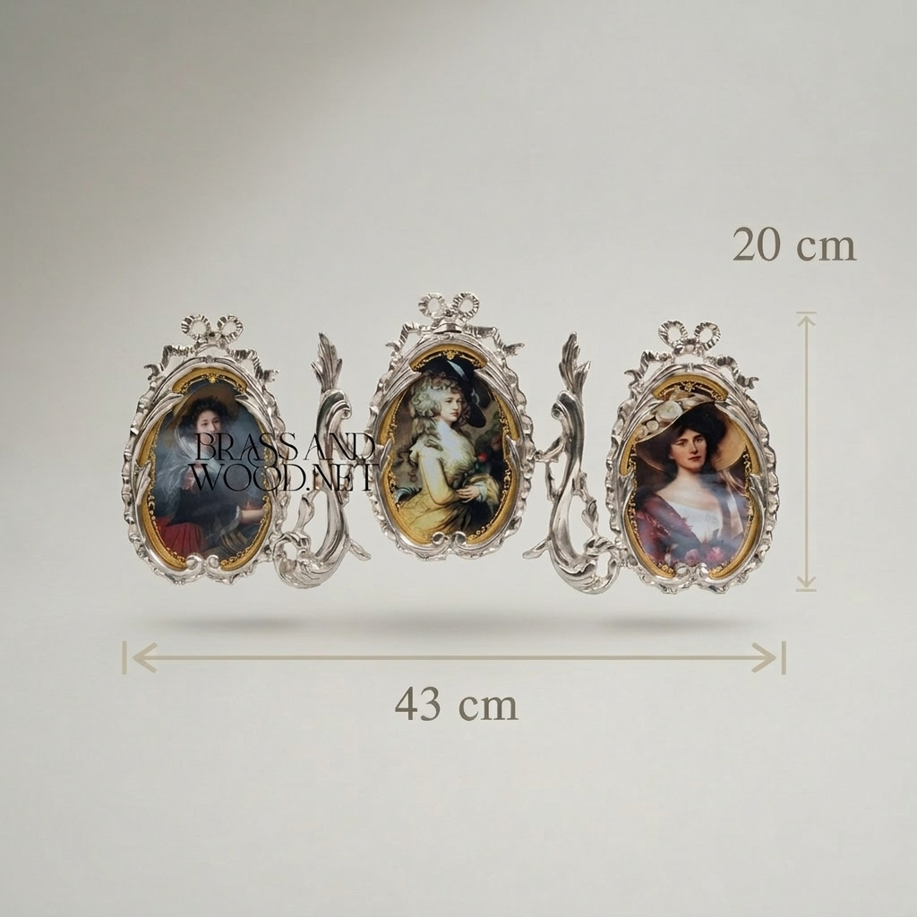 Rococo Brass Triple Oval Photo Frame Set - Ribbon & Acanthus Scroll — Silver